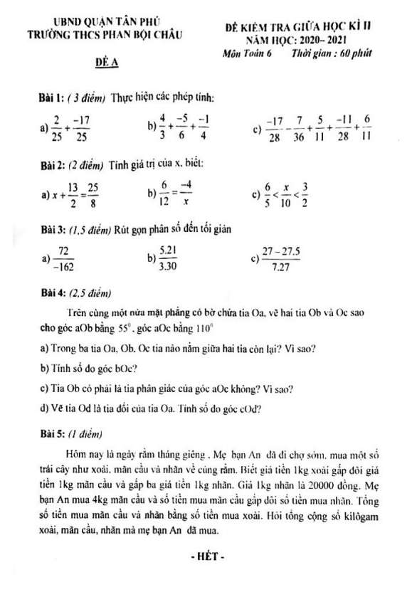 Đề thi giữa học kì 2 (HK2) lớp 6 môn Toán năm 2020 2021 trường THCS Phan Bội Châu TP HCM
