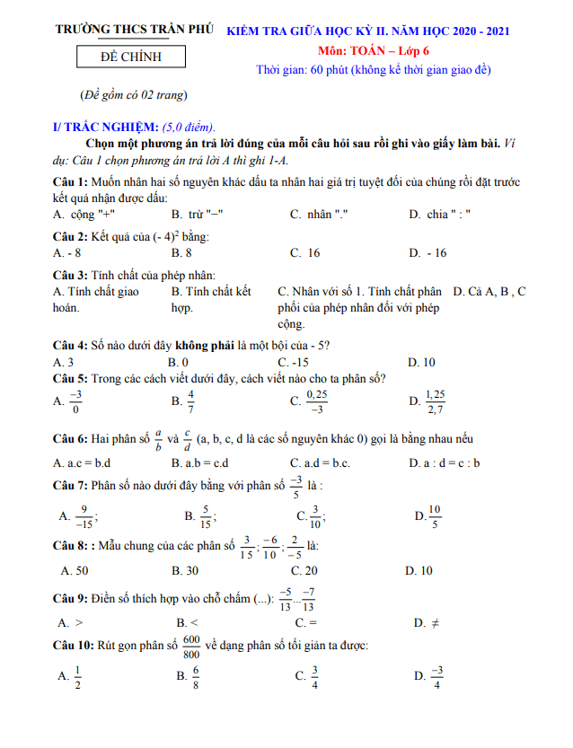 Đề thi giữa học kì 2 (HK2) lớp 6 môn Toán năm 2020 2021 trường THCS Trần Phú Quảng Nam