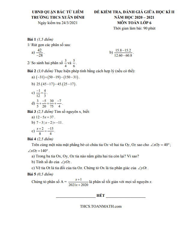 Đề thi giữa học kì 2 (HK2) lớp 6 môn Toán năm 2020 2021 trường THCS Xuân Đỉnh Hà Nội