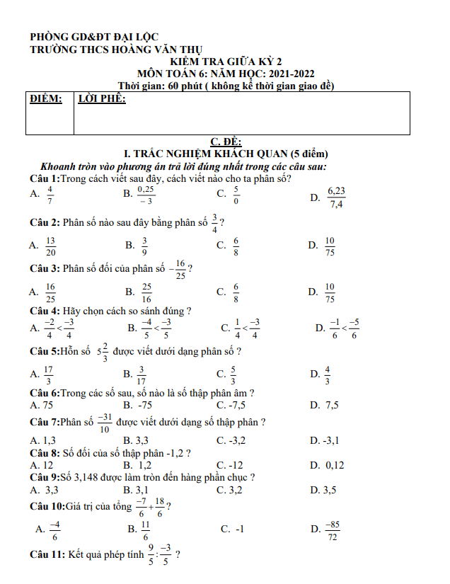 Đề thi giữa học kì 2 (HK2) lớp 6 môn Toán năm 2021 2022 trường THCS Hoàng Văn Thụ Quảng Nam