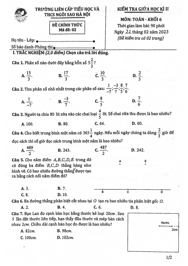 Đề thi giữa học kì 2 (HK2) lớp 6 môn Toán năm 2022 2023 trường TH THCS Ngôi Sao Hà Nội