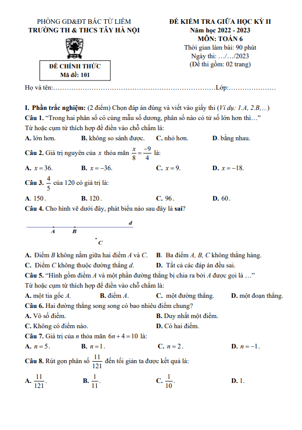 Đề thi giữa học kì 2 (HK2) lớp 6 môn Toán năm 2022 2023 trường TH THCS Tây Hà Nội