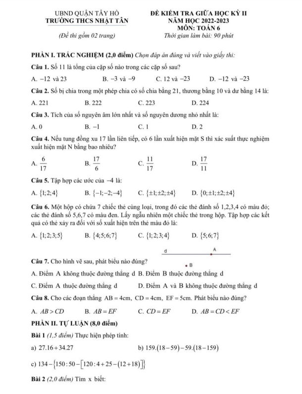 Đề thi giữa học kì 2 (HK2) lớp 6 môn Toán năm 2022 2023 trường THCS Nhật Tân Hà Nội