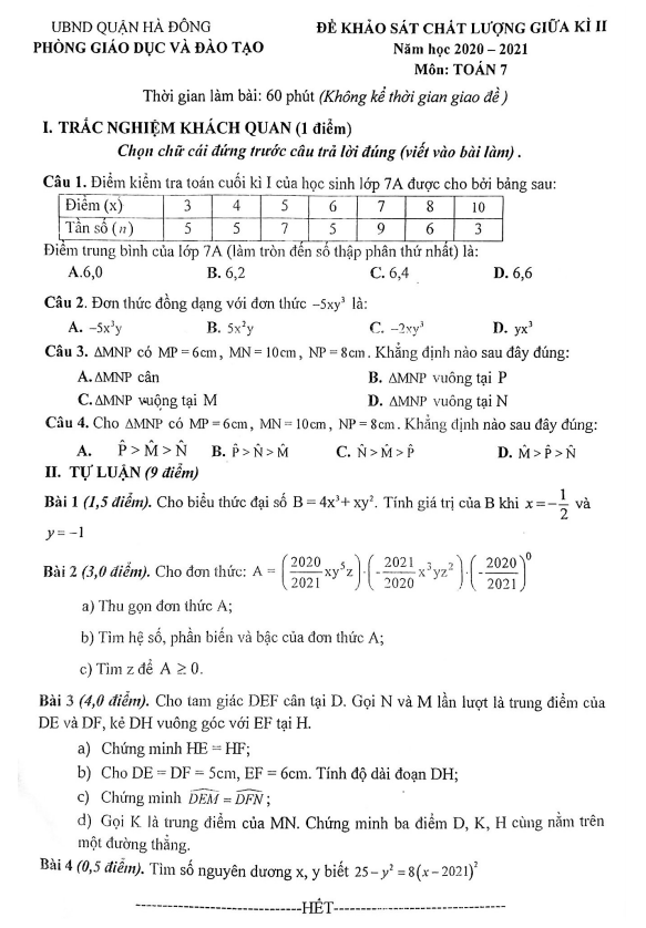 Đề thi giữa học kì 2 (HK2) lớp 7 môn Toán năm 2020 2021 phòng GD ĐT Hà Đông Hà Nội