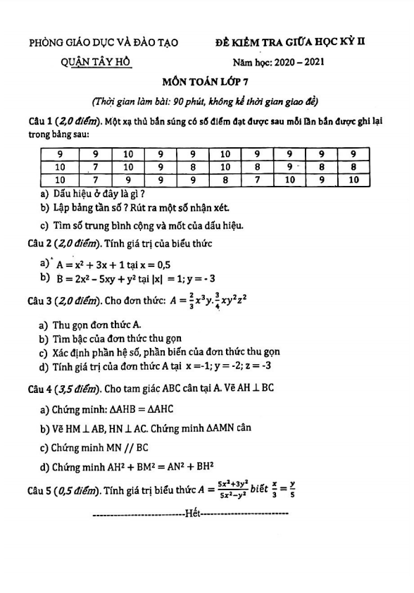 Đề thi giữa học kì 2 (HK2) lớp 7 môn Toán năm 2020 2021 phòng GD ĐT Tây Hồ Hà Nội