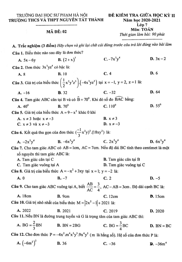 Đề thi giữa học kì 2 (HK2) lớp 7 môn Toán năm 2020 2021 trường Nguyễn Tất Thành Hà Nội