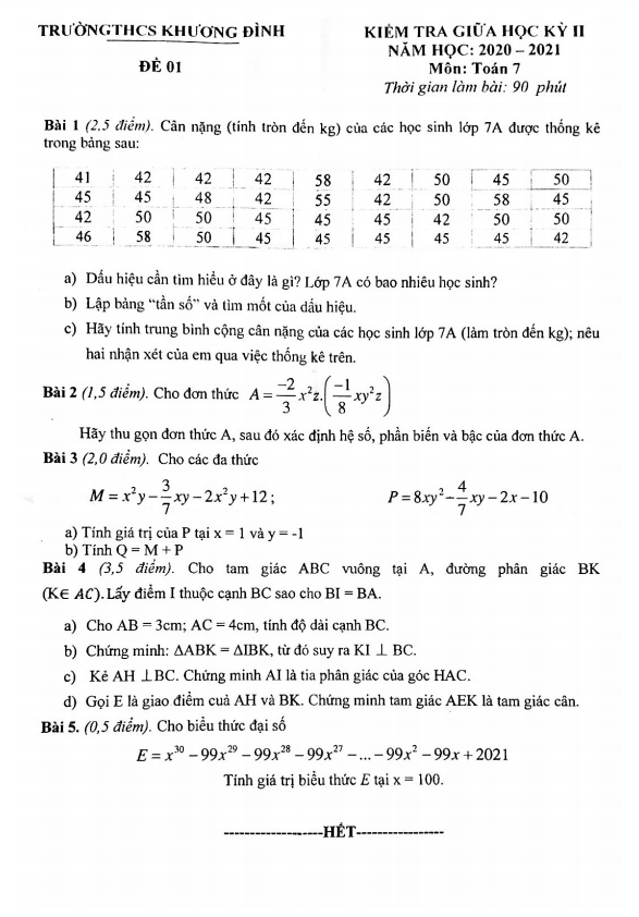 Đề thi giữa học kì 2 (HK2) lớp 7 môn Toán năm 2020 2021 trường THCS Khương Đình Hà Nội