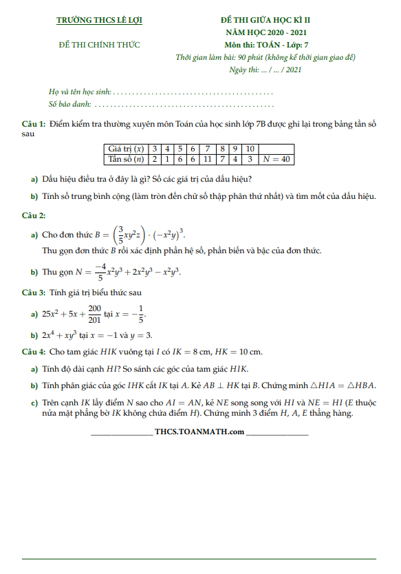 Đề thi giữa học kì 2 (HK2) lớp 7 môn Toán năm 2020 2021 trường THCS Lê Lợi TP HCM