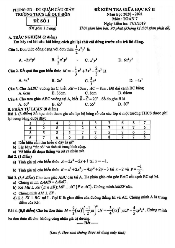 Đề thi giữa học kì 2 (HK2) lớp 7 môn Toán năm 2020 2021 trường THCS Lê Quý Đôn Hà Nội