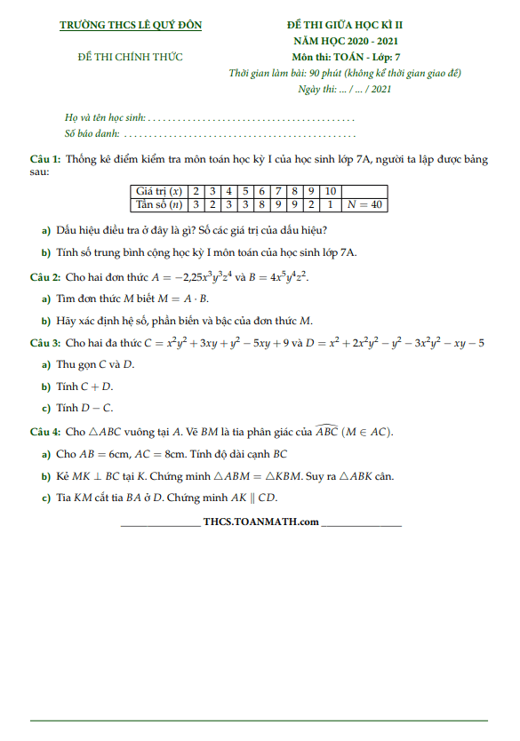 Đề thi giữa học kì 2 (HK2) lớp 7 môn Toán năm 2020 2021 trường THCS Lê Quý Đôn TP HCM