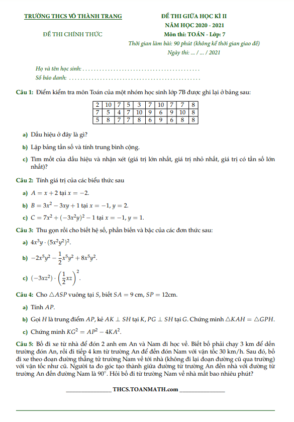 Đề thi giữa học kì 2 (HK2) lớp 7 môn Toán năm 2020 2021 trường THCS Võ Thành Trang TP HCM