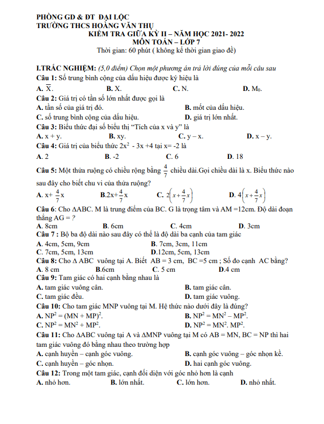 Đề thi giữa học kì 2 (HK2) lớp 7 môn Toán năm 2021 2022 trường THCS Hoàng Văn Thụ Quảng Nam