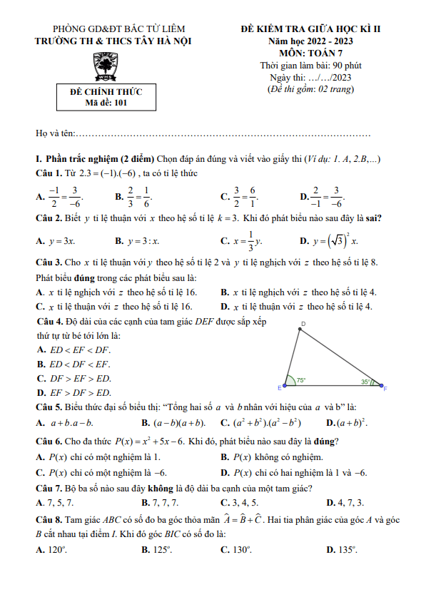 Đề thi giữa học kì 2 (HK2) lớp 7 môn Toán năm 2022 2023 trường TH THCS Tây Hà Nội