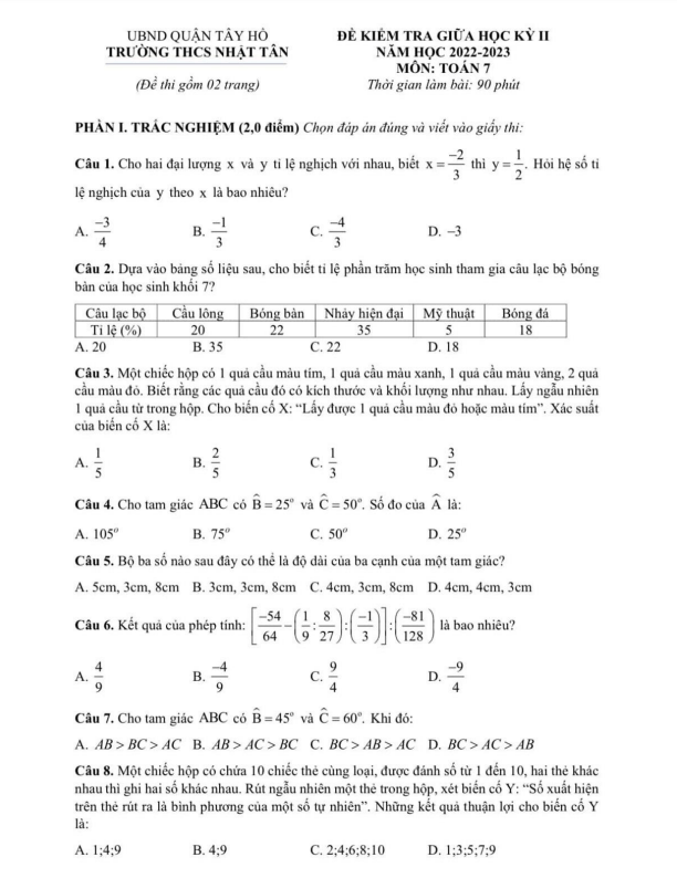 Đề thi giữa học kì 2 (HK2) lớp 7 môn Toán năm 2022 2023 trường THCS Nhật Tân Hà Nội