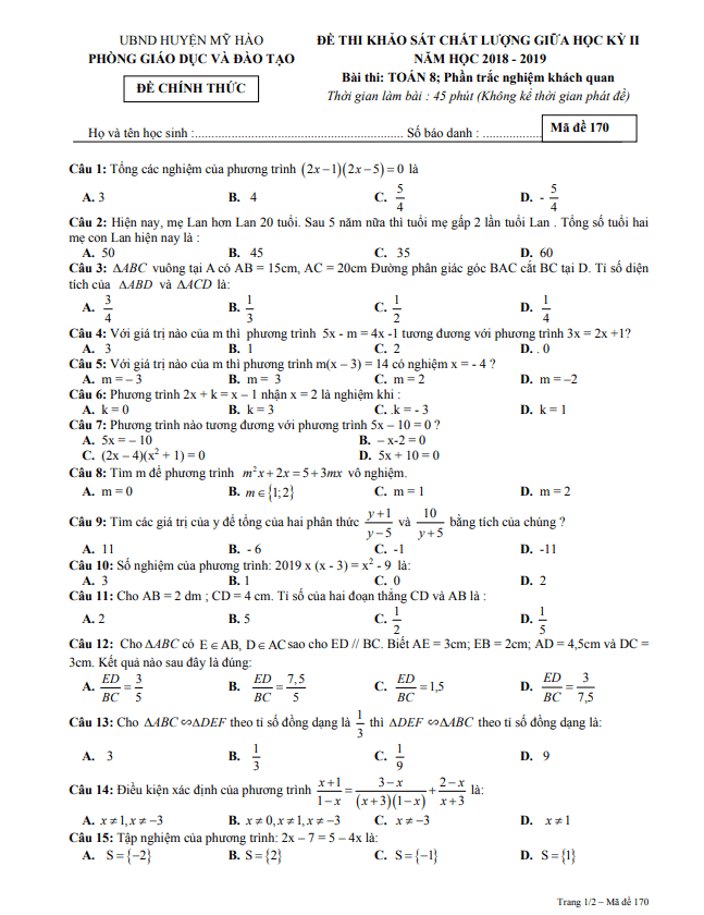 Đề thi giữa học kì 2 (HK2) lớp 8 môn Toán năm 2018 2019 phòng GD ĐT Mỹ Hào Hưng Yên