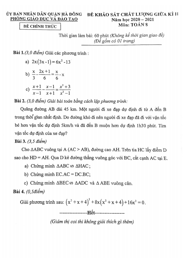 Đề thi giữa học kì 2 (HK2) lớp 8 môn Toán năm 2020 2021 phòng GD ĐT Hà Đông Hà Nội