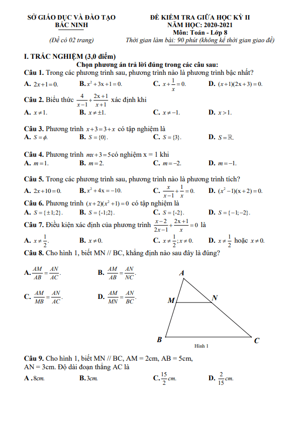 Đề thi giữa học kì 2 (HK2) lớp 8 môn Toán năm 2020 2021 sở GD ĐT Bắc Ninh