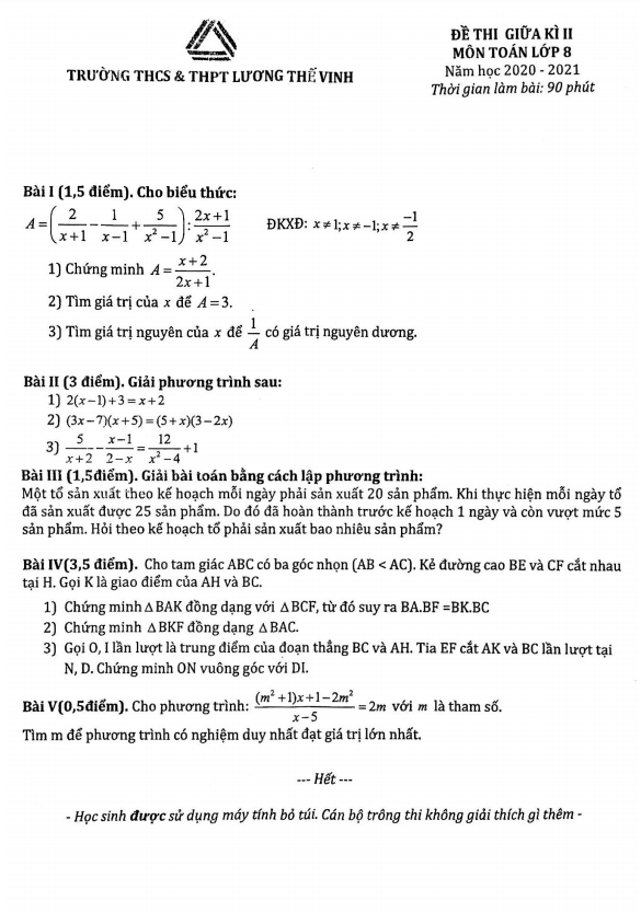 Đề thi giữa học kì 2 (HK2) lớp 8 môn Toán năm 2020 2021 trường Lương Thế Vinh Hà Nội