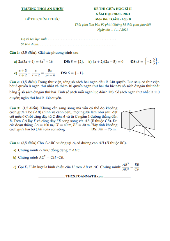 Đề thi giữa học kì 2 (HK2) lớp 8 môn Toán năm 2020 2021 trường THCS An Nhơn TP HCM