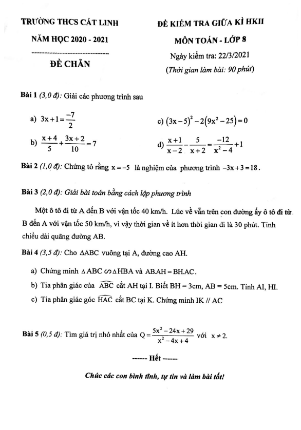 Đề thi giữa học kì 2 (HK2) lớp 8 môn Toán năm 2020 2021 trường THCS Cát Linh Hà Nội