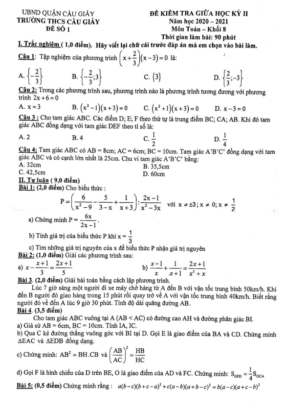 Đề thi giữa học kì 2 (HK2) lớp 8 môn Toán năm 2020 2021 trường THCS Cầu Giấy Hà Nội
