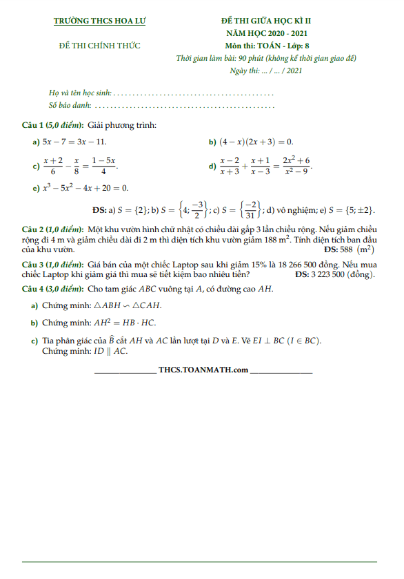 Đề thi giữa học kì 2 (HK2) lớp 8 môn Toán năm 2020 2021 trường THCS Hoa Lư TP HCM