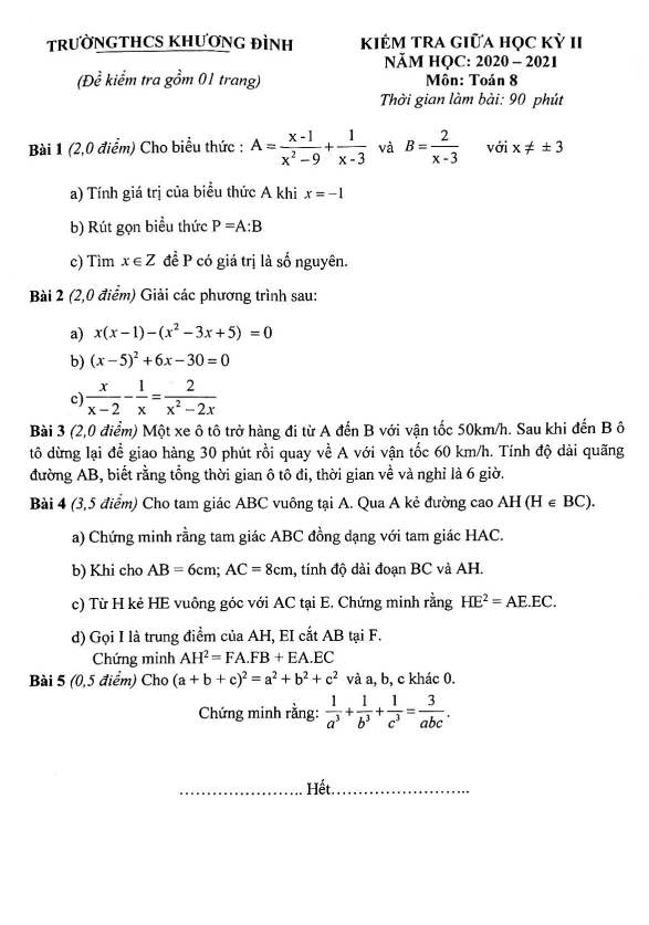 Đề thi giữa học kì 2 (HK2) lớp 8 môn Toán năm 2020 2021 trường THCS Khương Đình Hà Nội