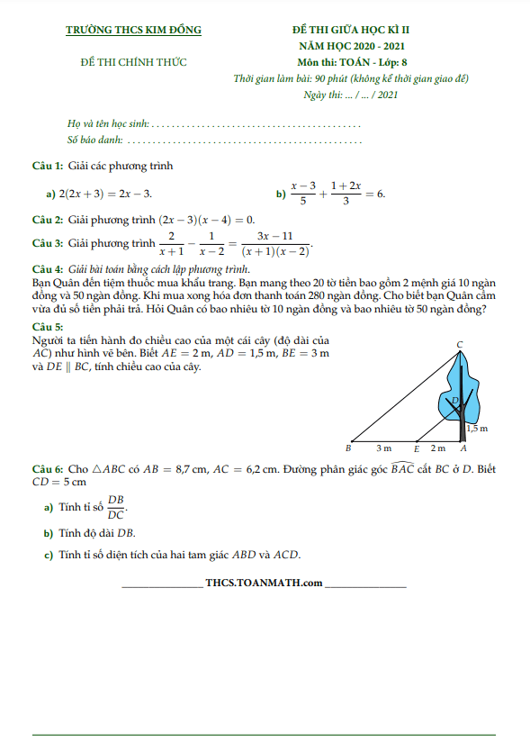 Đề thi giữa học kì 2 (HK2) lớp 8 môn Toán năm 2020 2021 trường THCS Kim Đồng TP HCM