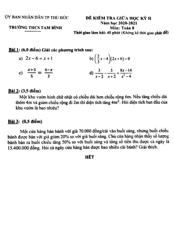 Đề thi giữa học kì 2 (HK2) lớp 8 môn Toán năm 2020 2021 trường THCS Tam Bình TP HCM