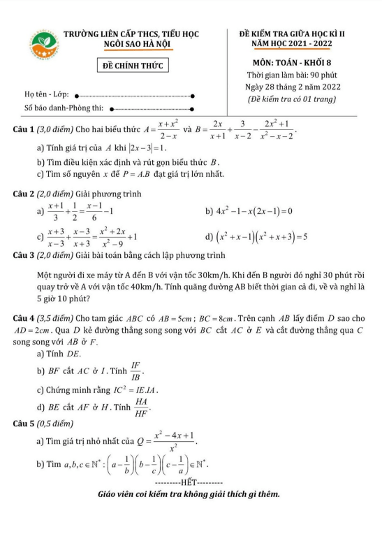 Đề thi giữa học kì 2 (HK2) lớp 8 môn Toán năm 2021 2022 trường TH THCS Ngôi Sao Hà Nội