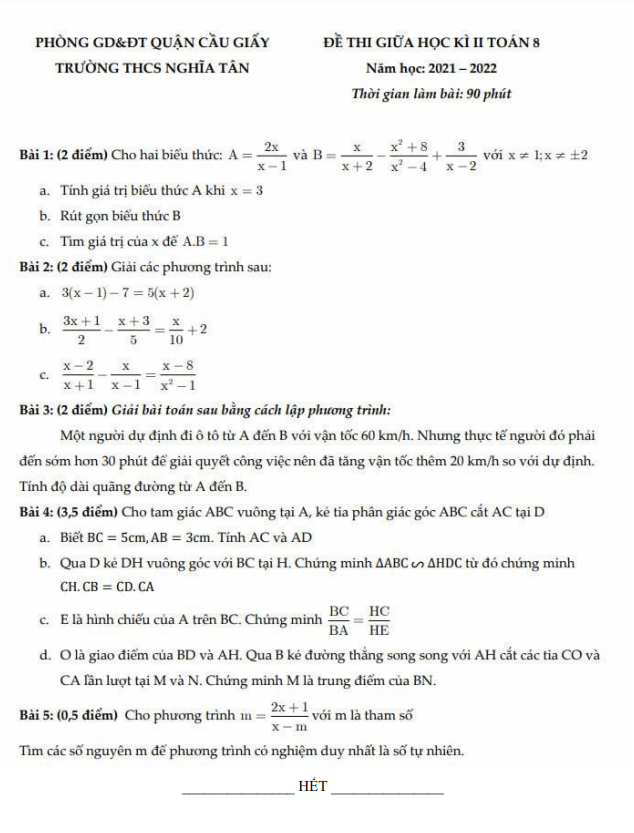 Đề thi giữa học kì 2 (HK2) lớp 8 môn Toán năm 2021 2022 trường THCS Nghĩa Tân Hà Nội