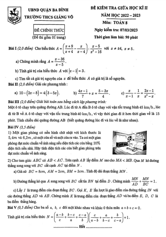 Đề thi giữa học kì 2 (HK2) lớp 8 môn Toán năm 2022 2023 trường THCS Giảng Võ Hà Nội