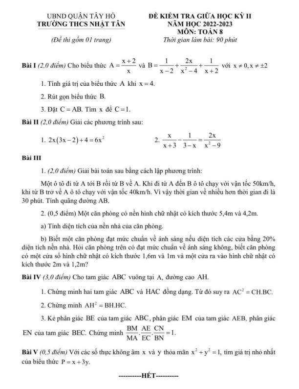 Đề thi giữa học kì 2 (HK2) lớp 8 môn Toán năm 2022 2023 trường THCS Nhật Tân Hà Nội