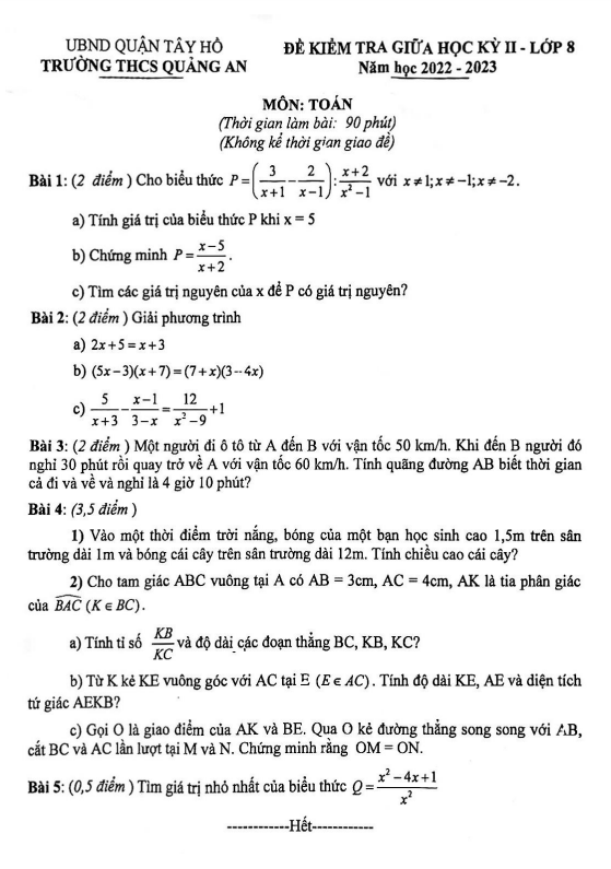 Đề thi giữa học kì 2 (HK2) lớp 8 môn Toán năm 2022 2023 trường THCS Quảng An Hà Nội