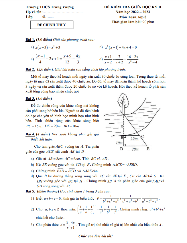 Đề thi giữa học kì 2 (HK2) lớp 8 môn Toán năm 2022 2023 trường THCS Trưng Vương Hà Nội