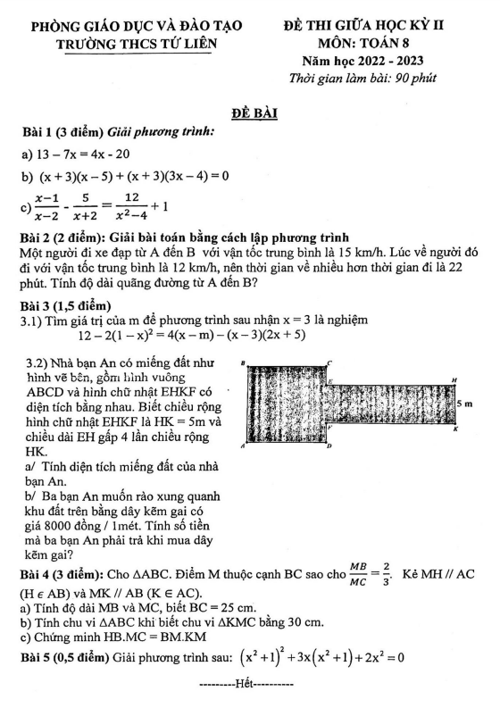 Đề thi giữa học kì 2 (HK2) lớp 8 môn Toán năm 2022 2023 trường THCS Tứ Liên Hà Nội