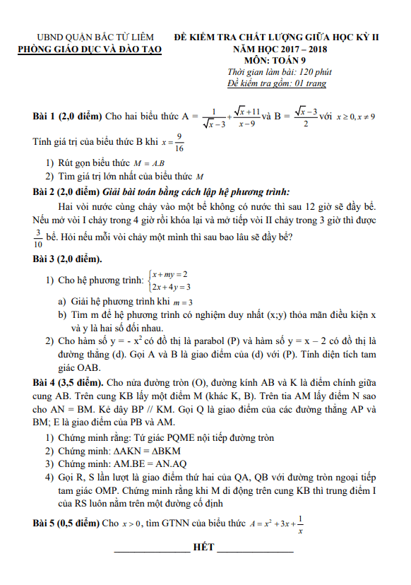 Đề thi giữa học kì 2 (HK2) lớp 9 môn Toán năm 2017 2018 phòng GD ĐT Bắc Từ Liêm Hà Nội