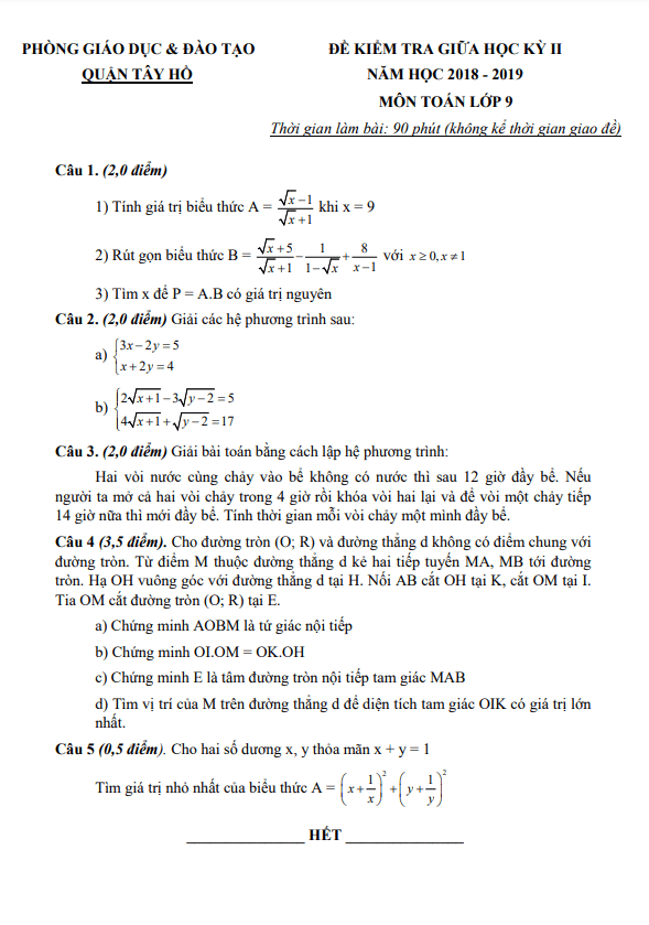 Đề thi giữa học kì 2 (HK2) lớp 9 môn Toán năm 2018 2019 phòng GD ĐT Tây Hồ Hà Nội