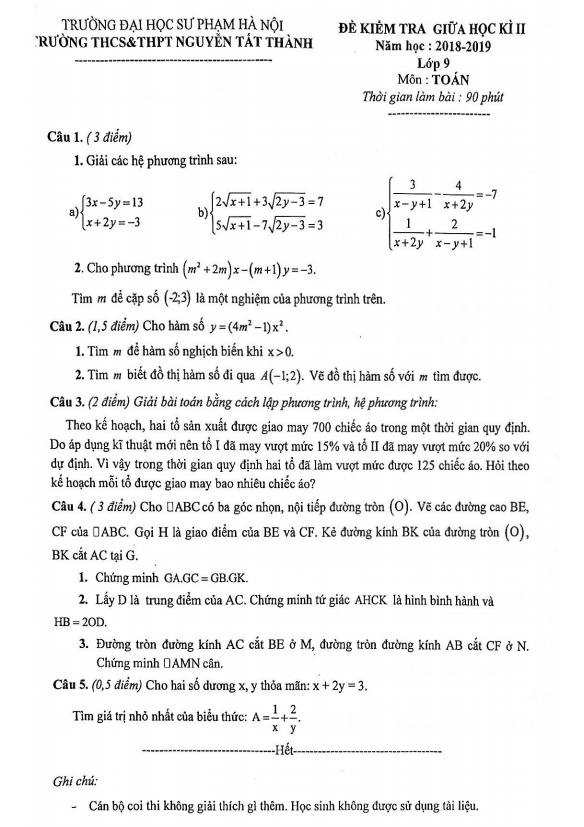 Đề thi giữa học kì 2 (HK2) lớp 9 môn Toán năm 2018 2019 trường Nguyễn Tất Thành Hà Nội