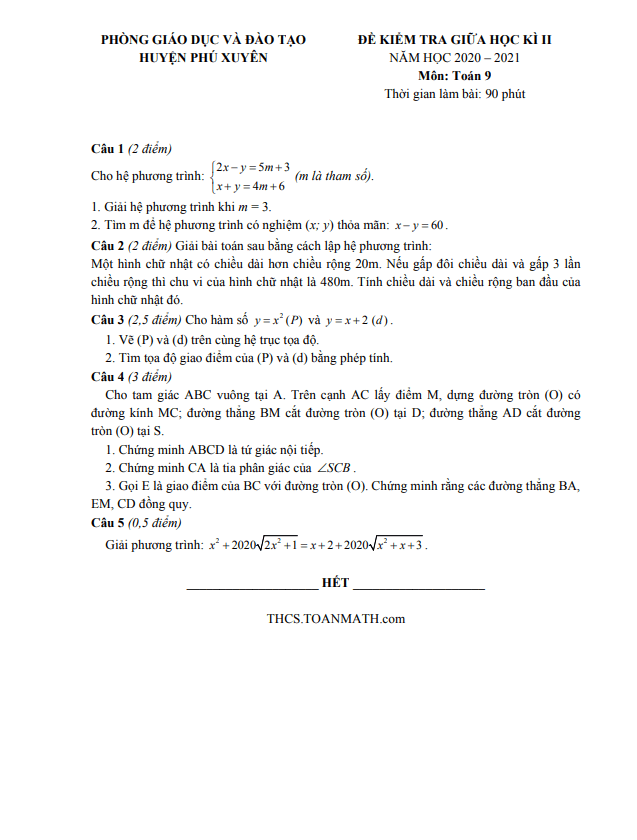 Đề thi giữa học kì 2 (HK2) lớp 9 môn Toán năm 2020 2021 phòng GD ĐT Phú Xuyên Hà Nội