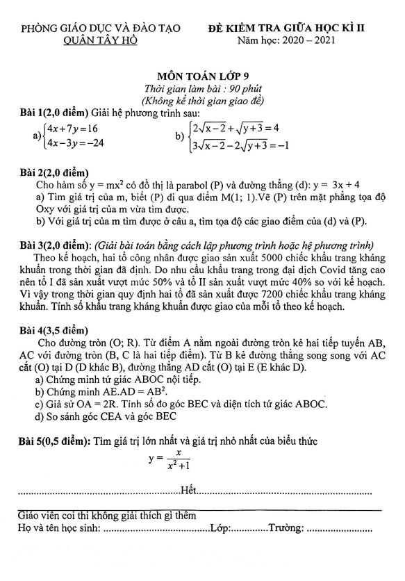 Đề thi giữa học kì 2 (HK2) lớp 9 môn Toán năm 2020 2021 phòng GD ĐT Tây Hồ Hà Nội