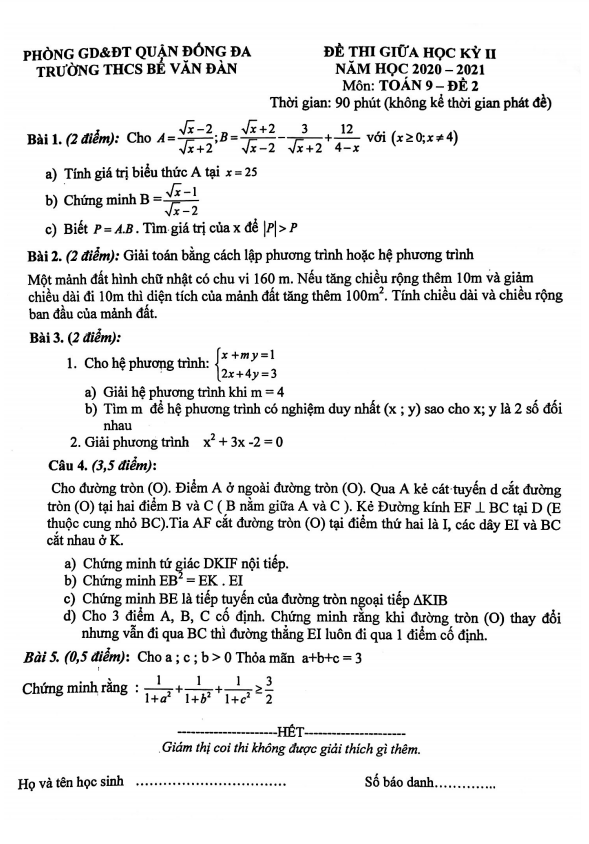 Đề thi giữa học kì 2 (HK2) lớp 9 môn Toán năm 2020 2021 trường Bế Văn Đàn Hà Nội