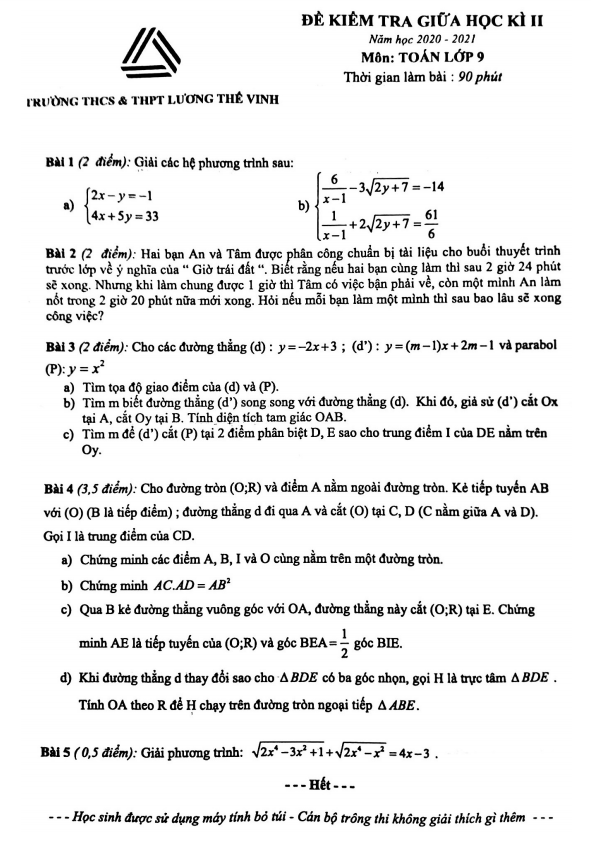 Đề thi giữa học kì 2 (HK2) lớp 9 môn Toán năm 2020 2021 trường Lương Thế Vinh Hà Nội