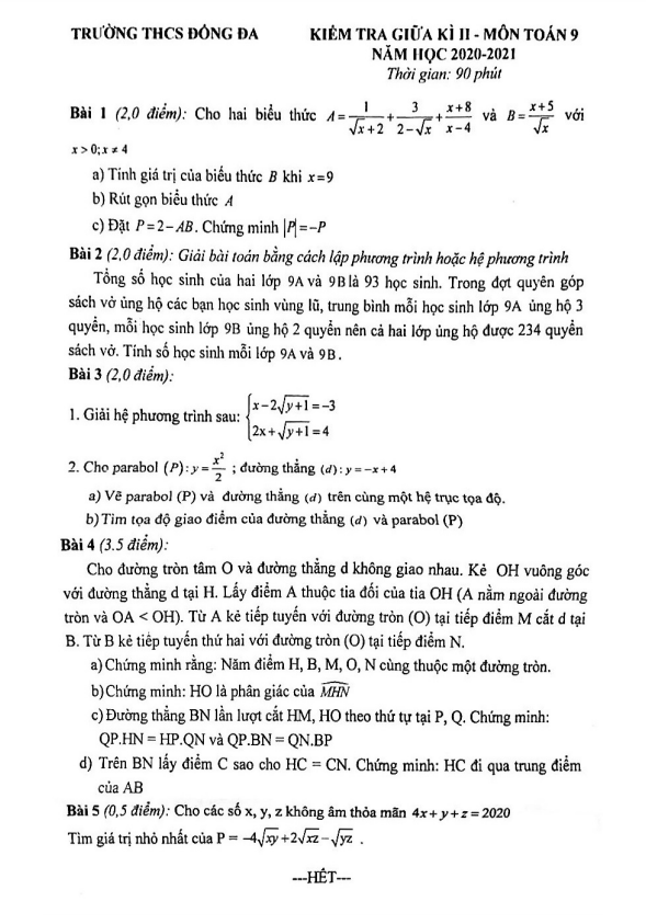 Đề thi giữa học kì 2 (HK2) lớp 9 môn Toán năm 2020 2021 trường THCS Đống Đa Hà Nội