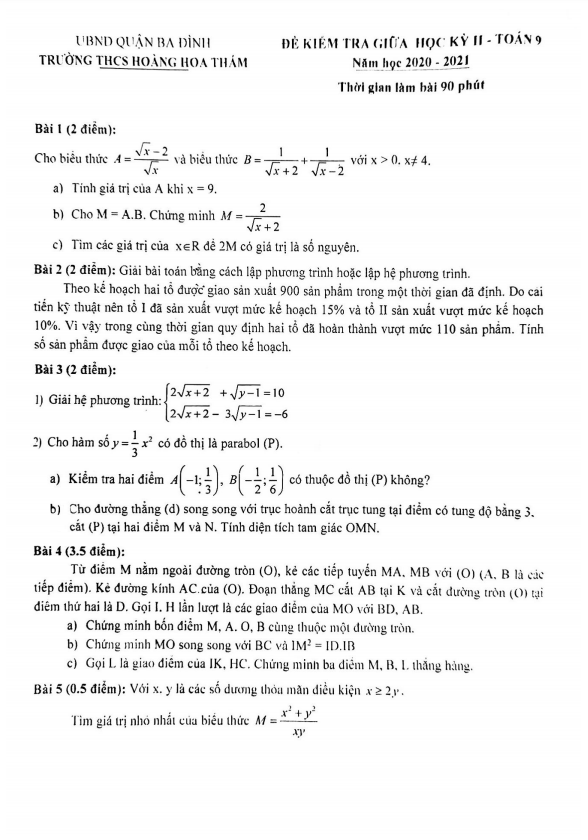 Đề thi giữa học kì 2 (HK2) lớp 9 môn Toán năm 2020 2021 trường THCS Hoàng Hoa Thám Hà Nội