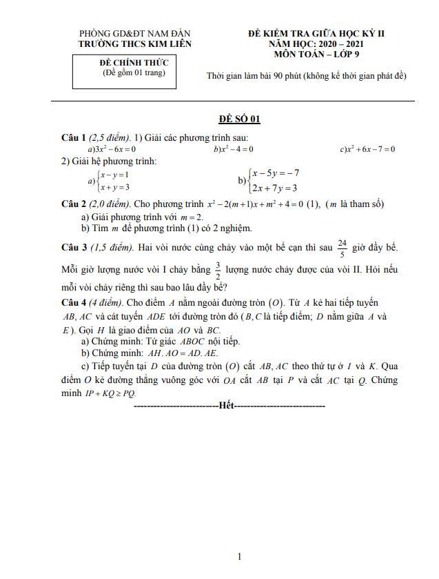 Đề thi giữa học kì 2 (HK2) lớp 9 môn Toán năm 2020 2021 trường THCS Kim Liên Nghệ An