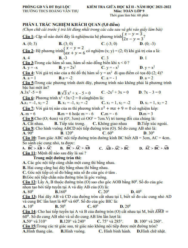 Đề thi giữa học kì 2 (HK2) lớp 9 môn Toán năm 2021 2022 trường THCS Hoàng Văn Thụ Quảng Nam