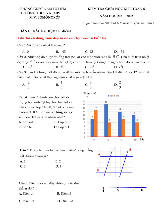 Đề thi giữa học kì 2 (HK2) Toán 6 năm 2021 2022 trường M.V. Lômônôxốp Hà Nội