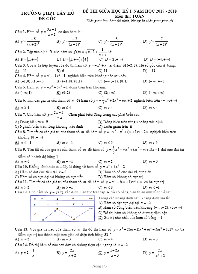 Đề thi giữa học kỳ I năm học 2017 2018 lớp 12 môn Toán trường THPT Tây Hồ Hà Nội