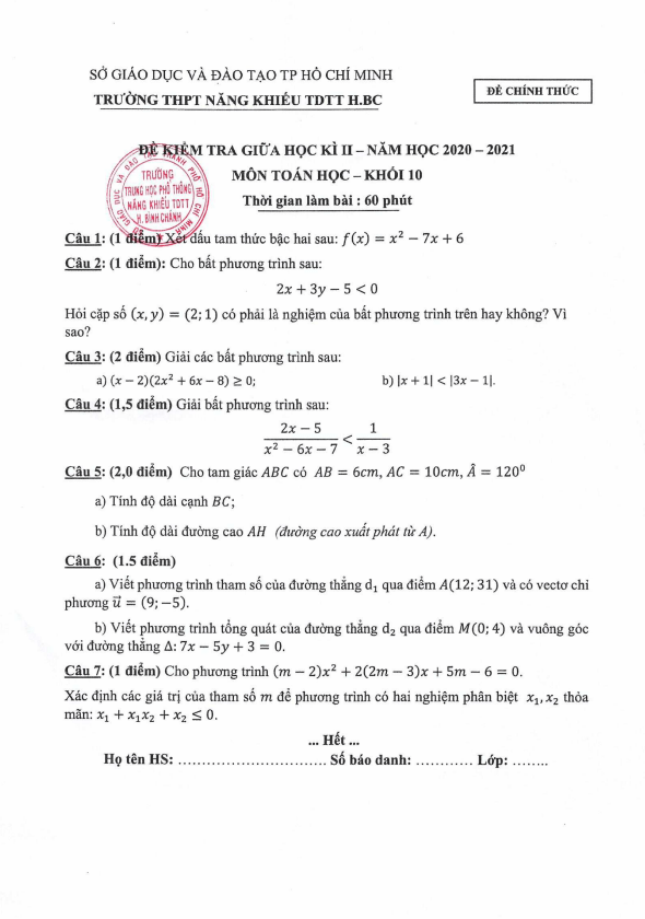 Đề thi GK2 lớp 10 môn Toán năm 2020 2021 trường Năng khiếu TDTT Bình Chánh TP HCM